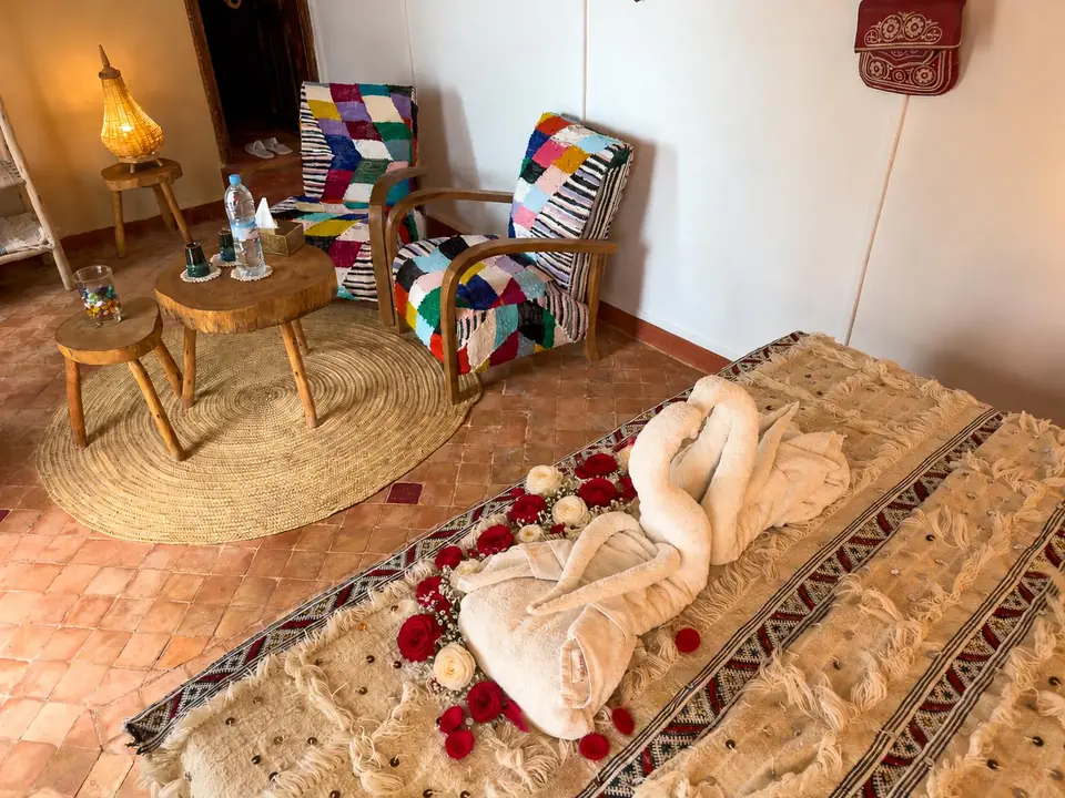 A Berber blanket and towel swans in the Berber suite